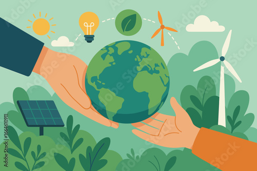 Hand passing Earth to new generation for a sustainable future with clean energy. Environmental protection concept with renewable solar and wind power icons for Earth Day.