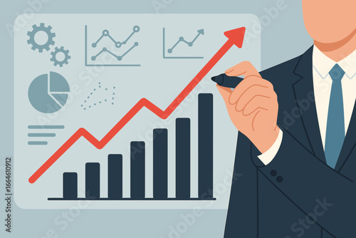 Businessman hand drawing a rising arrow on a bar graph. Business growth, financial success, and investment profit concept. Data analysis for marketing strategy planning. Flat vector.