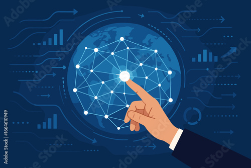 Hand touching global network connection. Information data exchange. Big data analytics and futuristic technology. Worldwide business innovation, communication and digital transformation.