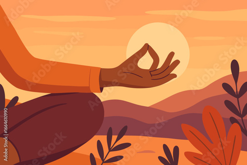 Hand in gyan mudra. Woman meditating in nature at sunset. Yoga and mindfulness practice for relaxation, calm, spiritual balance. Vector concept for mental health.