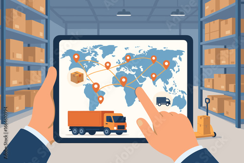Global logistics and supply chain management concept. Hand holding tablet with app for tracking freight shipping and transportation in a modern distribution warehouse.