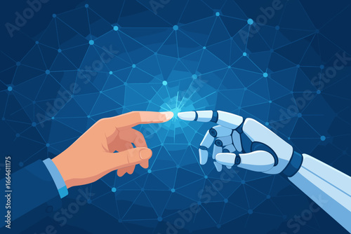 Robot and human hands touching. Artificial intelligence, future technology concept. Virtual connection with data networking. Science and innovation. Human-machine interaction.