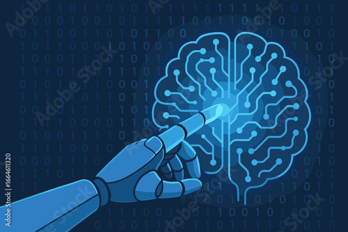Robot hand touching digital brain. Concept for artificial intelligence, AI, machine learning, neural network, deep learning. Futuristic algorithm and data innovation.