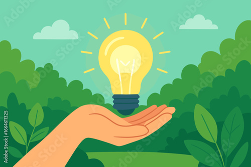 Hand holding a glowing light bulb over a lush green forest. Concept for ecology, renewable energy, sustainable development, energy saving and environmental protection ideas.