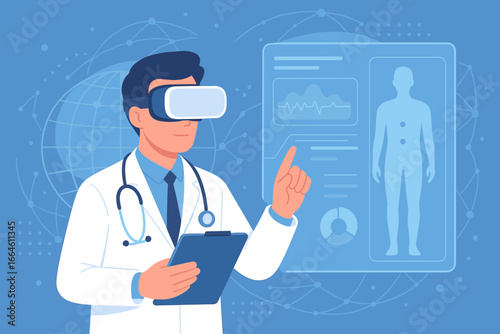 Healthcare and medical technology concept. Doctor with VR headset analyzes diagnosis data from a holographic patient record on a virtual interface. Innovation, science, metaverse.