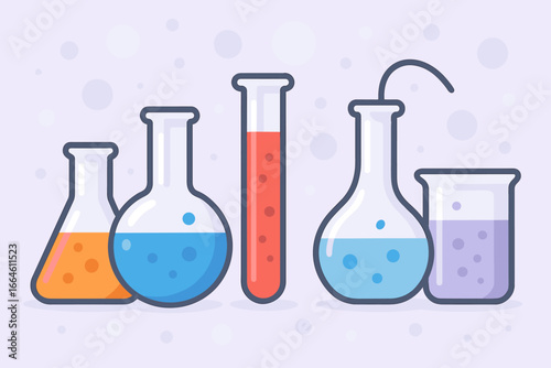 Laboratory research background with chemical glass flasks and beakers. Modern flat vector illustration for scientific, medical, or education concepts. Chemistry experiment.