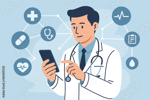 Doctor using smartphone for online consultation. Telemedicine, telehealth concept. Medical technology, innovation, and modern healthcare. Virtual interface, medical network icons.