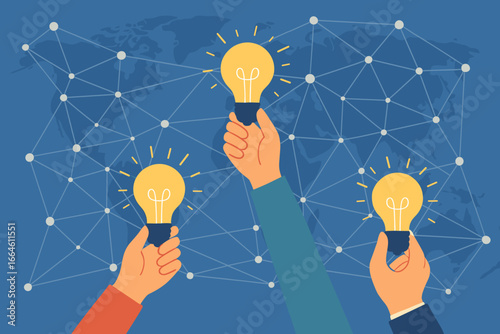 Innovative idea and global collaboration concept. Hands holding light bulbs over a world map network. Teamwork, brainstorming, creative solution, business strategy, success.
