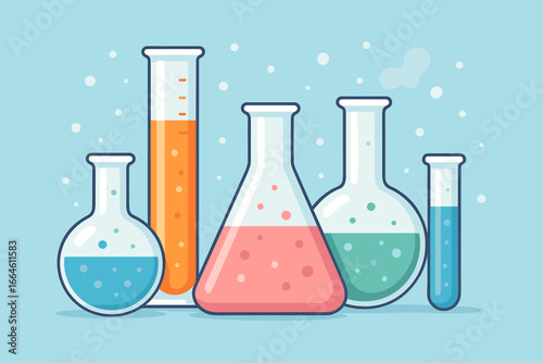 Laboratory research and scientific experiment concept. Chemical glass flasks, test tubes, and beakers with liquid solution. Medical analysis. Modern flat vector background.