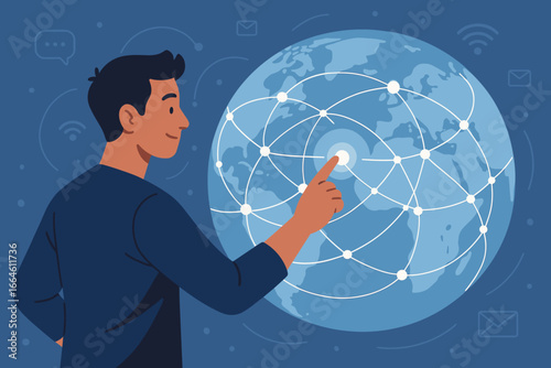 Man touching global network structure. Worldwide data exchange and digital connections. Telecommunication and internet business concept. Modern technology and communication.