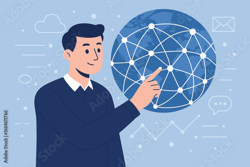 Man touching global structure networking and data exchanges. Global digital connections with technology. Telecommunication and communication for internet business concept.