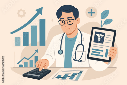 Healthcare business data graph and growth. Doctor use calculator to analyze medical report on tablet. Health insurance costs, financial analysis, medicine economics concept.