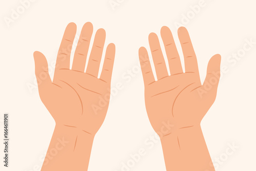 Human open empty hands begging for help or asking for a donation. Charity, social care, and support concept. Praying hands for worship or religion. Modern vector illustration.