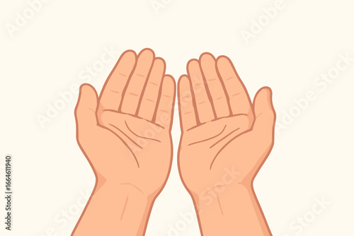 Two open empty hands begging for help or giving support. Charity, donation, and prayer concept. Human hands asking for alms or receiving a gift. Vector cartoon illustration.