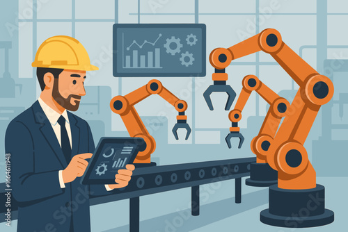 Industrial engineer using tablet to control automation robot arms on a conveyor belt. Smart factory and Industry 4.0 concept. Manufacturing production management. Vector.