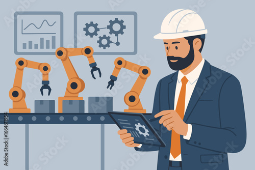 Engineer with tablet controls robotic arm on conveyor. Smart factory, industrial automation. Industry 4.0. Manufacturing technology monitoring. Production line process vector.