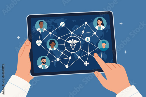 Medical global networking and healthcare technology. Doctor holding tablet with international network of physicians. Telemedicine, online consultation and collaboration concept.