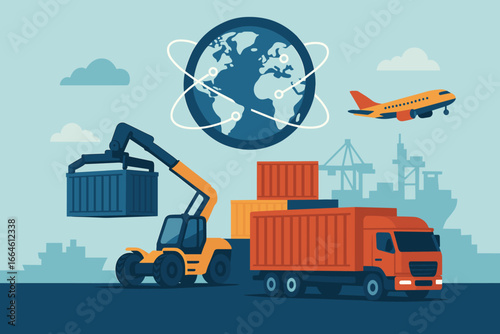 Logistics and transportation of container cargo. Freight shipping, global network concept. Forklift loading truck. Air cargo plane. Import, export, supply chain. Vector