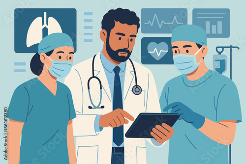 Medical team with doctor, surgeon, and nurse diagnosing patient. Professionals examining health data on a digital tablet. Healthcare technology concept with EKG and lung x-ray.