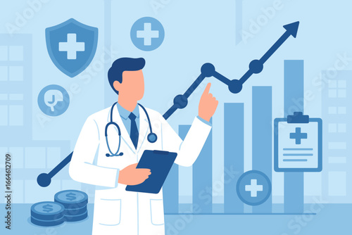 Medical business and health insurance concept. Doctor analyzing healthcare business growth graph. Medical examination report and financial data analysis for medicine investment.