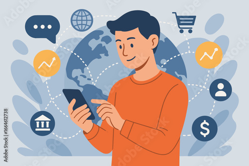 New Age People Using Smartphones for Global Network Communication Including Business, Finance, Banking, Online Shopping, and Social Media Connection Technology Concept
