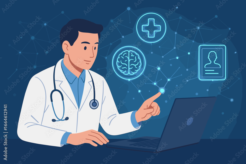 Doctor interacting with futuristic medical interface on laptop. Concepts of electronic health records, neurology, brain analysis, digital healthcare, and network technology. Doctor interacting with futuristic medical interface on laptop. Concepts of electronic health records, neurology, brain analysis, digital healthcare, and network technology.