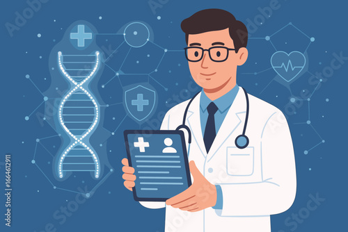 Doctor holding tablet with electronic medical record. Digital healthcare concept with DNA helix, network hologram. Medical technology, telemedicine, genetic data analysis vector.