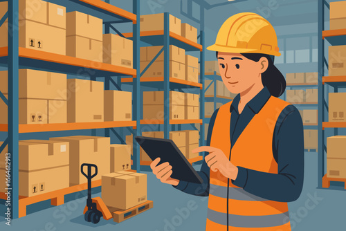 Female worker with tablet checking inventory in a warehouse. Logistics manager in a smart factory. Supply chain management, distribution, shipping, and cargo storage concept vector.