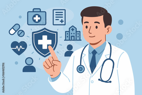 Doctor with stethoscope touches virtual screen with health insurance icon. Medical care and protection concept. Healthcare technology with hospital and medicine symbols. Vector.