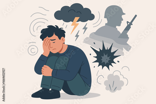 PTSD mental health concept illustration with troubled man, post-traumatic stress disorder symbol, anxiety, trauma, war, stress, explosion, soldier silhouette, emotional distress vector
