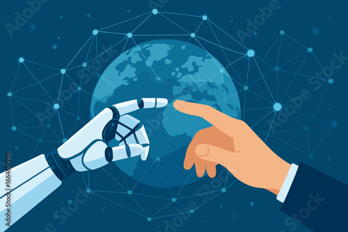 Robot hand and human finger touching on global virtual network connection, future interface concept, artificial intelligence interaction, technology innovation, modern flat vector cartoon illustration