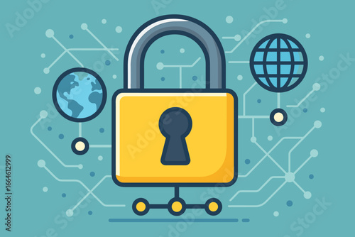 Secure padlock icon symbolizing internet technology and digital networking, modern flat vector cartoon illustration emphasizing online security and data protection concepts