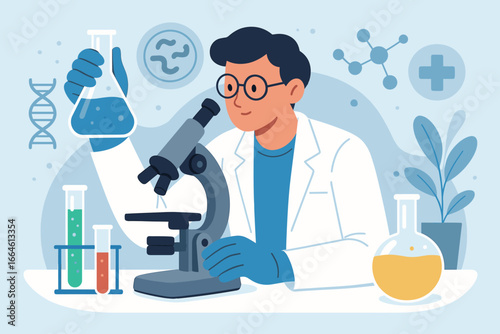 Science and medicine concept with a male researcher in a lab. Scientist doing experiments, analyzing bacteria with a microscope. DNA, molecules. Flat vector cartoon illustration.