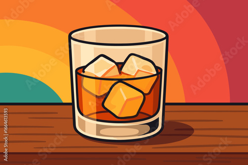 Whiskey bourbon glass with ice cubes on wooden table, colorful retro background, modern flat cartoon vector illustration, beverage, alcohol, drink, relaxation