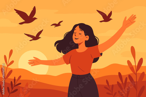 Woman enjoying freedom and nature with flying birds at sunset, happiness and peace, modern flat vector cartoon illustration, outdoor lifestyle, serene landscape, relaxation concept