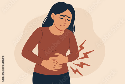 Woman Touching Stomach in Pain Suffering from Menstrual Cramps, Gastric Ulcer, Appendicitis or Gastrointestinal Disease Symptoms, Healthcare and Wellness Concept Illustration
