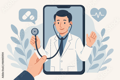 Telehealth doctor with stethoscope through smartphone screen, online medical consultation, virtual healthcare, digital medicine, remote clinic communication, telemedicine connection