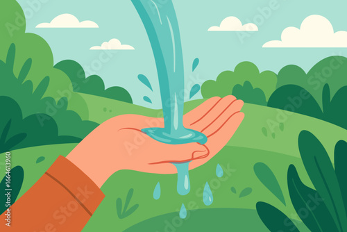 Water pouring in hand on nature background. Environment concept. Save water. Ecology and sustainability. Pure, clean, fresh liquid. Scarcity and conservation. Vector cartoon.