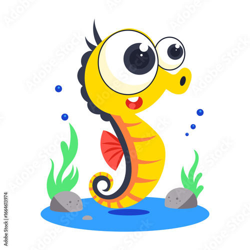 A flat style icon showing silly seahorse