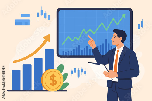 Stock market finance analysis with trading graphs, economic growth chart, investment strategy, and financial data visualization for business and market trends
