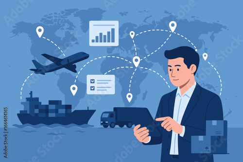 Global transport and logistics concept with freight shipping and online tracking, businessman using tablet for managing supply chain and distribution network on world map