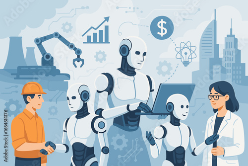 The advancement of AI technology making robots smarter and deeply integrated into human work across industry, economy, society, innovation, and science with futuristic robotics