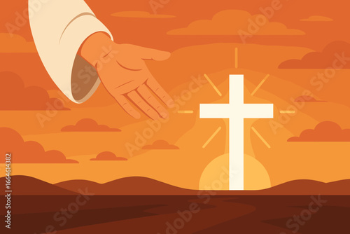 Outstretched Hand of God Invites Toward Glowing White Cross at Sunset, Christian Salvation Concept, Divine Guidance, Faith, Hope, Modern Flat Cartoon Vector Illustration, Spiritual Religion Scene