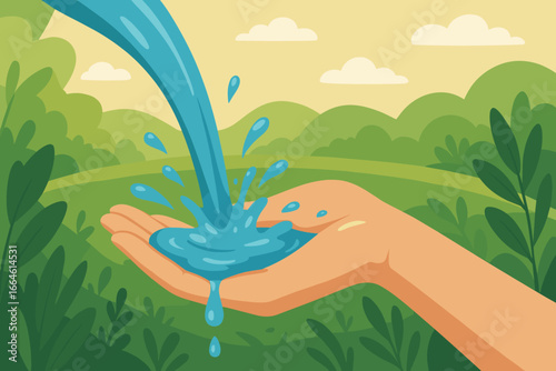 Water pouring and splashing into a woman’s hand on a lush green nature background, earth day environmental protection concept, modern flat vector cartoon illustration