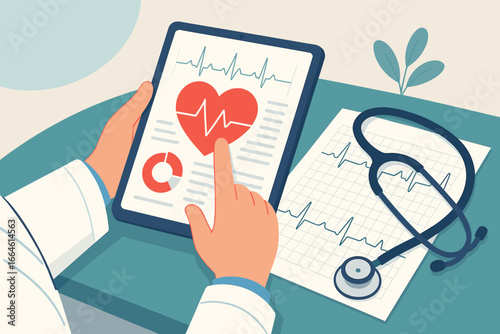 Doctor cardiologist analyzing heart disease data on a digital tablet. Healthcare technology concept with EKG report and stethoscope. Medical diagnosis flat vector illustration.
