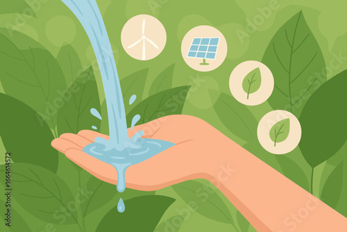 Water pouring into hand with renewable energy icons, sustainable development concepts, eco-friendly nature background with green leaves, Earth Day environmental protection illustration