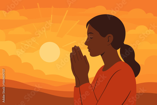 Woman praying with hands together seeking blessing from God during serene sunset spiritual moment, peaceful meditation, faith, hope, and gratitude illustration