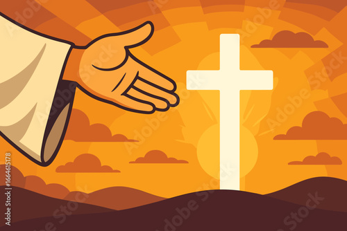 God's helping hand with a white cross on a sunset background. Concept for christianity, faith, hope, salvation, and religion. Divine grace from Jesus. Vector illustration.