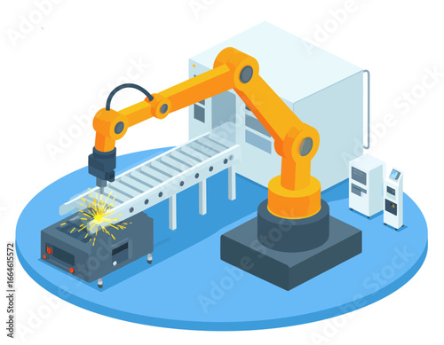 Advanced robotic arm technology performs precise welding on an assembly line, showcasing efficient industrial automation and smart manufacturing processes