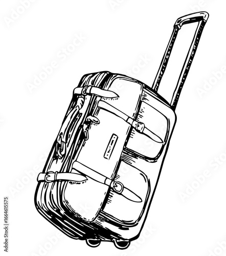 Suitcase holdall carryall sac. Luggage bag sketch illustration. Big carry trunk box on white background. Black ink hand drawn logo emblem in retro art illustration